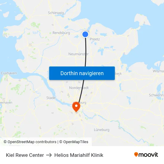 Kiel Rewe Center to Helios Mariahilf Klinik map
