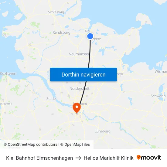 Kiel Bahnhof Elmschenhagen to Helios Mariahilf Klinik map