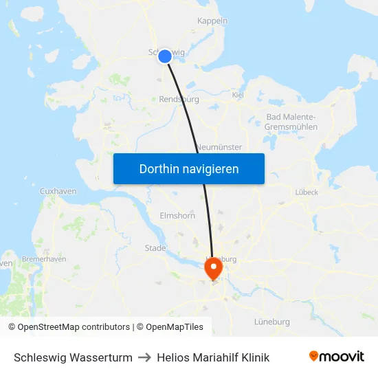 Schleswig Wasserturm to Helios Mariahilf Klinik map