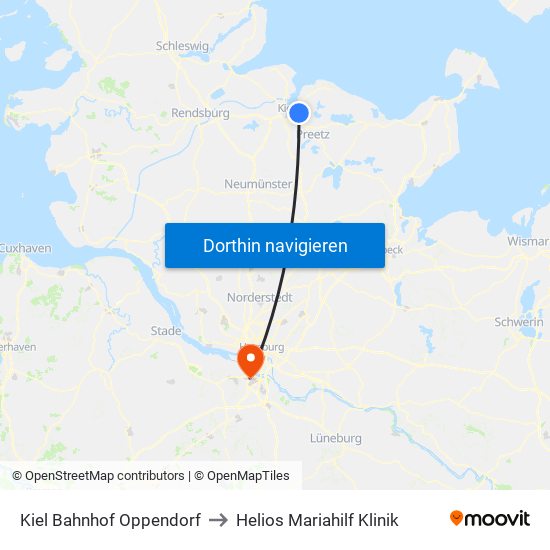Kiel Bahnhof Oppendorf to Helios Mariahilf Klinik map