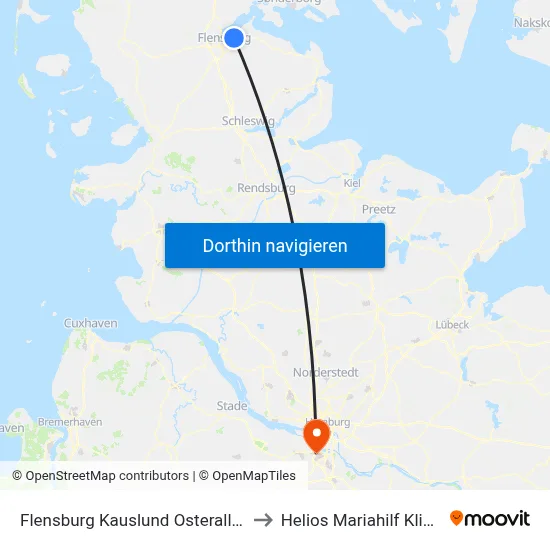 Flensburg Kauslund Osterallee to Helios Mariahilf Klinik map