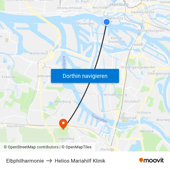 Elbphilharmonie to Helios Mariahilf Klinik map