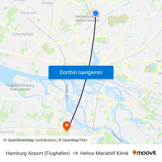 Hamburg Airport (Flughafen) to Helios Mariahilf Klinik map