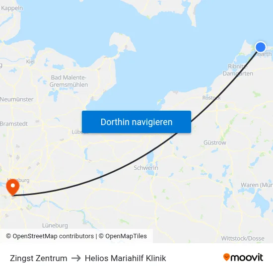 Zingst Zentrum to Helios Mariahilf Klinik map