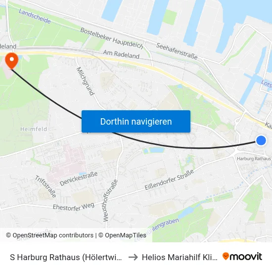 S Harburg Rathaus (Hölertwiete) to Helios Mariahilf Klinik map