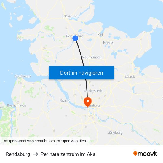 Rendsburg to Perinatalzentrum im Aka map