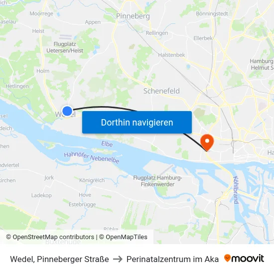 Wedel, Pinneberger Straße to Perinatalzentrum im Aka map