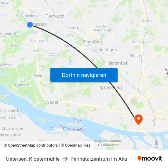 Uetersen, Klostermühle to Perinatalzentrum im Aka map