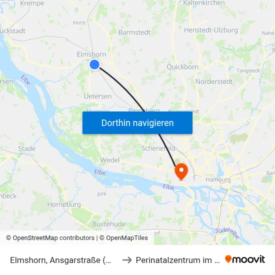 Elmshorn, Ansgarstraße (Mitte) to Perinatalzentrum im Aka map