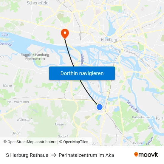 S Harburg Rathaus to Perinatalzentrum im Aka map