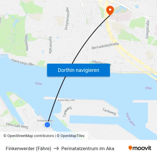 Finkenwerder (Fähre) to Perinatalzentrum im Aka map