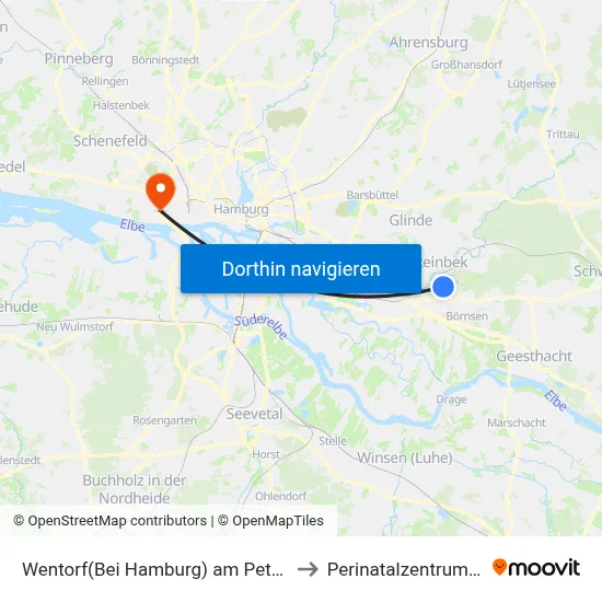 Wentorf(Bei Hamburg) am Petersilienberg to Perinatalzentrum im Aka map