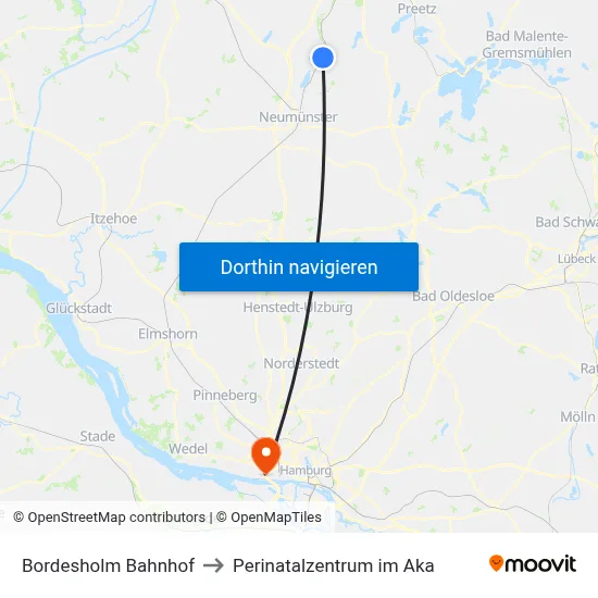 Bordesholm Bahnhof to Perinatalzentrum im Aka map
