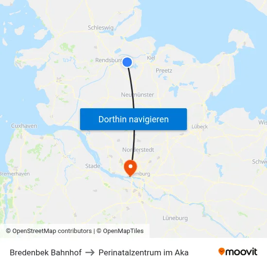 Bredenbek Bahnhof to Perinatalzentrum im Aka map