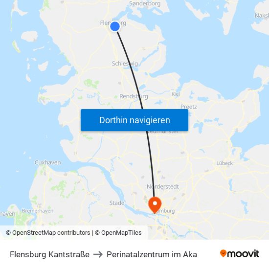 Flensburg Kantstraße to Perinatalzentrum im Aka map