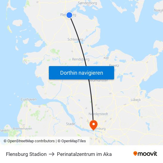 Flensburg Stadion to Perinatalzentrum im Aka map