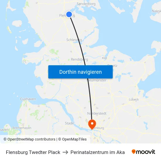 Flensburg Twedter Plack to Perinatalzentrum im Aka map