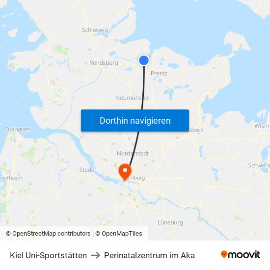 Kiel Uni-Sportstätten to Perinatalzentrum im Aka map