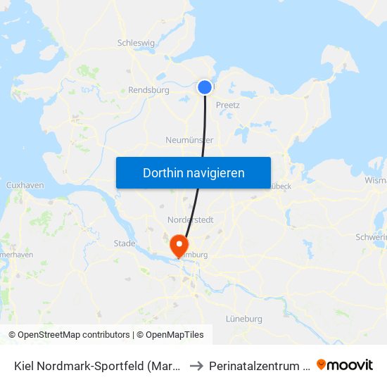 Kiel Nordmark-Sportfeld (Mare-Klinikum) to Perinatalzentrum im Aka map