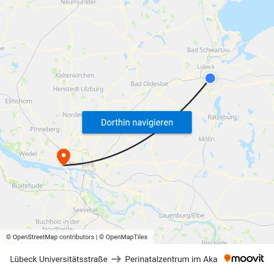 Lübeck Universitätsstraße to Perinatalzentrum im Aka map