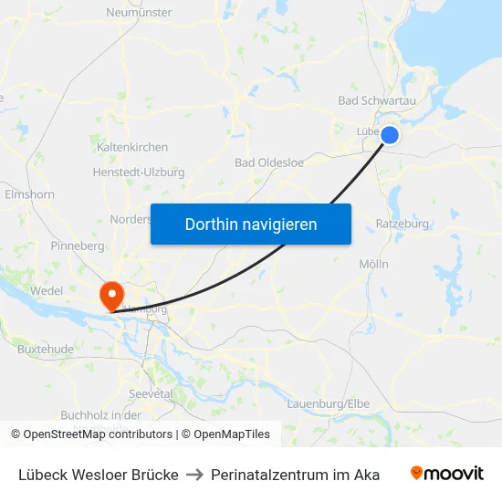 Lübeck Wesloer Brücke to Perinatalzentrum im Aka map