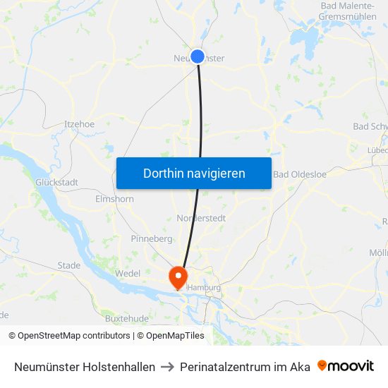 Neumünster Holstenhallen to Perinatalzentrum im Aka map