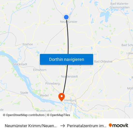 Neumünster Krimm/Neuenbrook to Perinatalzentrum im Aka map