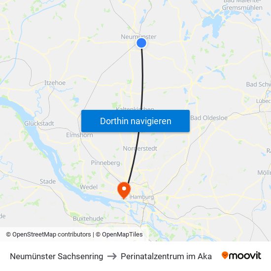 Neumünster Sachsenring to Perinatalzentrum im Aka map