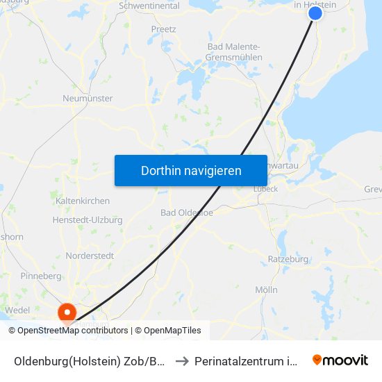 Oldenburg(Holstein) Zob/Bahnhof to Perinatalzentrum im Aka map