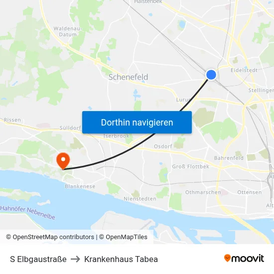 S Elbgaustraße to Krankenhaus Tabea map