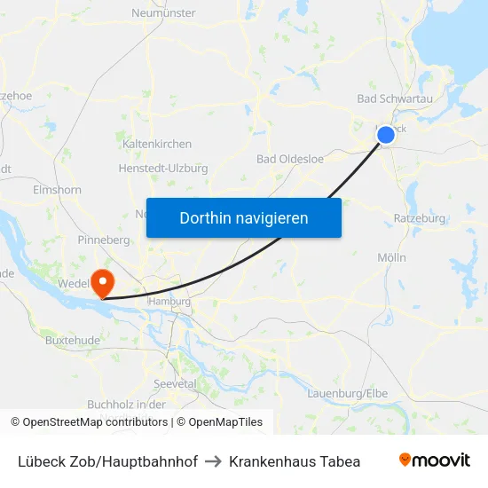 Lübeck Zob/Hauptbahnhof to Krankenhaus Tabea map