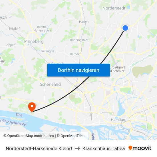 Norderstedt-Harksheide Kielort to Krankenhaus Tabea map