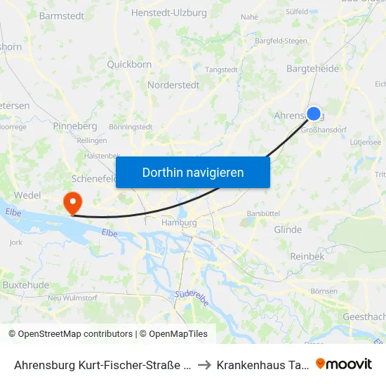 Ahrensburg Kurt-Fischer-Straße (Süd) to Krankenhaus Tabea map