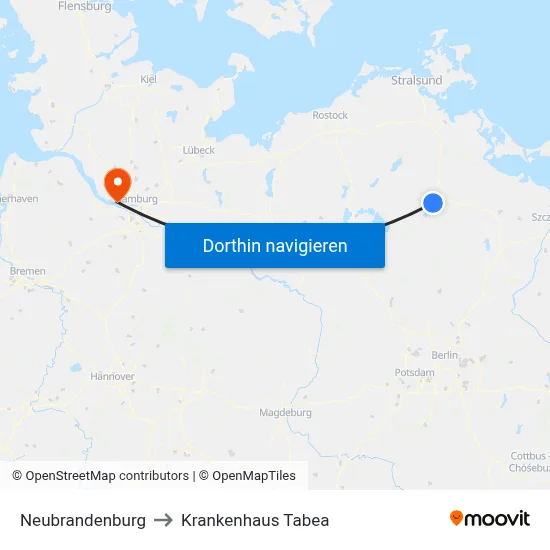 Neubrandenburg to Krankenhaus Tabea map