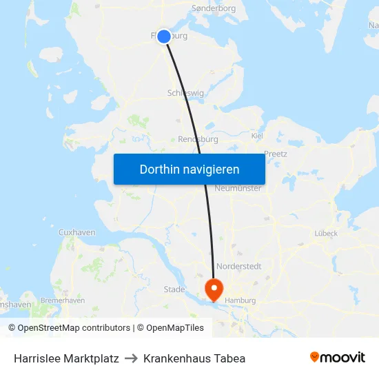 Harrislee Marktplatz to Krankenhaus Tabea map