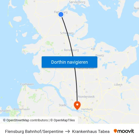 Flensburg Bahnhof/Serpentine to Krankenhaus Tabea map