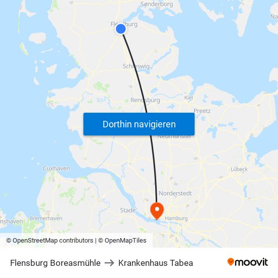 Flensburg Boreasmühle to Krankenhaus Tabea map
