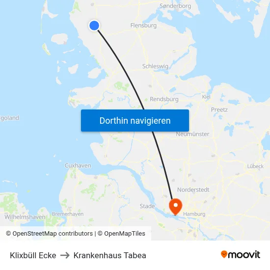 Klixbüll Ecke to Krankenhaus Tabea map