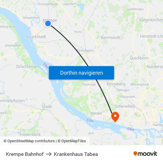 Krempe Bahnhof to Krankenhaus Tabea map