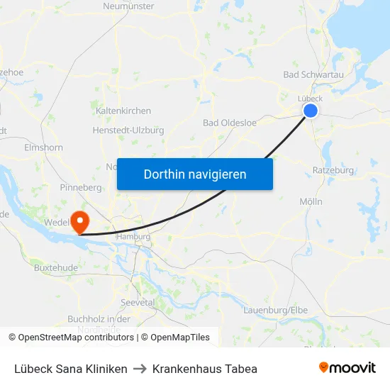 Lübeck Sana Kliniken to Krankenhaus Tabea map