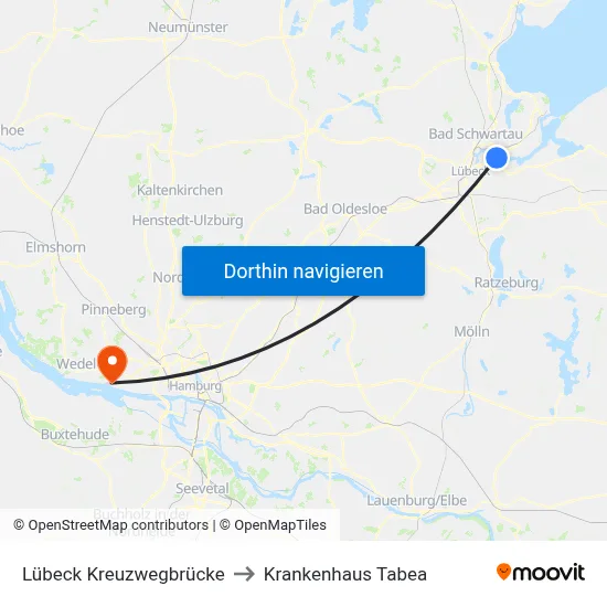 Lübeck Kreuzwegbrücke to Krankenhaus Tabea map