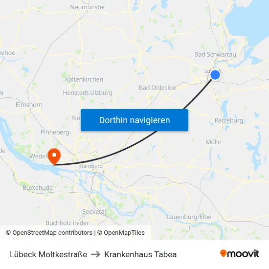 Lübeck Moltkestraße to Krankenhaus Tabea map