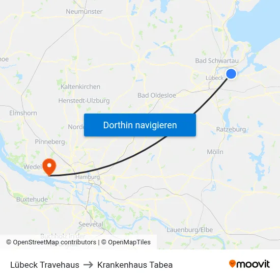 Lübeck Travehaus to Krankenhaus Tabea map