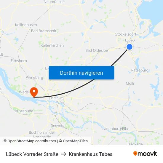Lübeck Vorrader Straße to Krankenhaus Tabea map