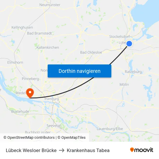 Lübeck Wesloer Brücke to Krankenhaus Tabea map