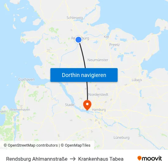 Rendsburg Ahlmannstraße to Krankenhaus Tabea map