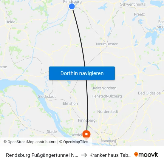 Rendsburg Fußgängertunnel Nord to Krankenhaus Tabea map