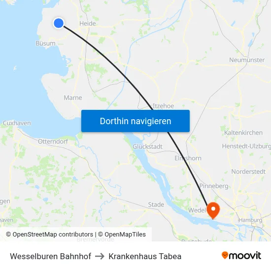 Wesselburen Bahnhof to Krankenhaus Tabea map
