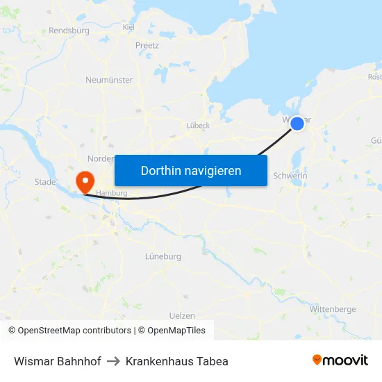 Wismar Bahnhof to Krankenhaus Tabea map