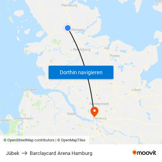 Jübek to Barclaycard Arena Hamburg map